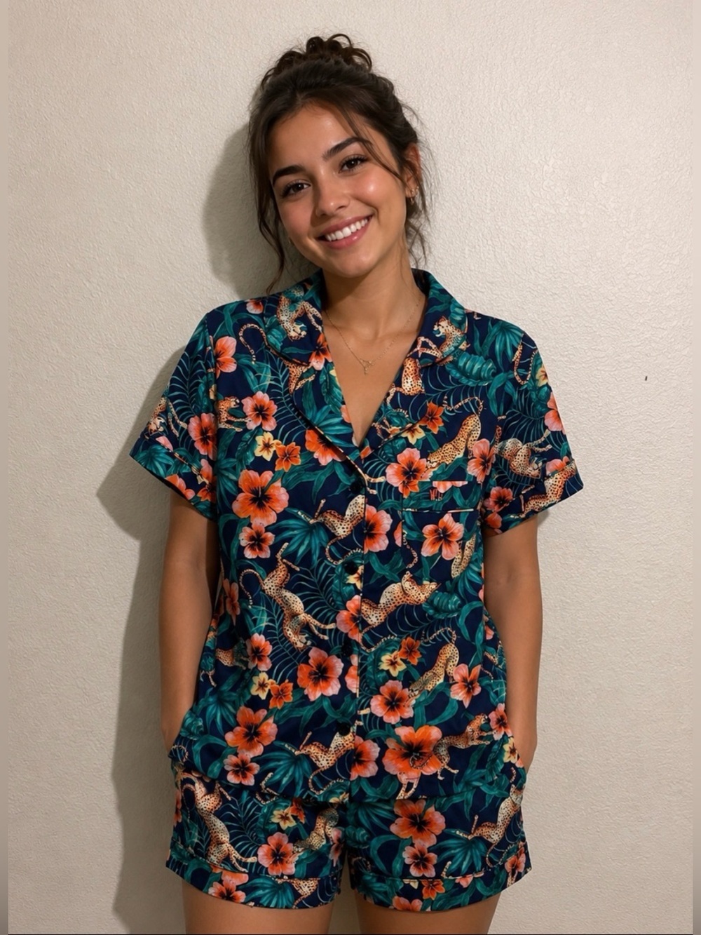 Woodstock Laundry Tropical Leopard Floral Button-Up Short Pajama Set 100% Cotton